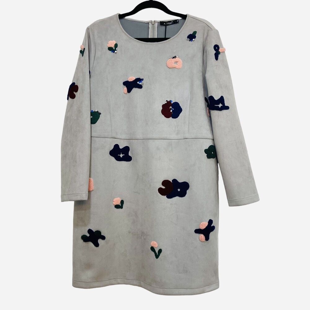 AOFULI Gray Faux Suede Flower Embellished Mini Dress Women's Plus Size 4XL